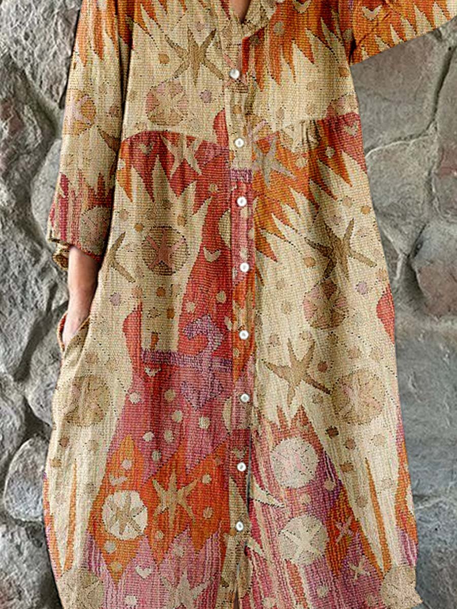 Women's Abstract Art Geometric Floral Shirt Style Cotton and Linen Dress