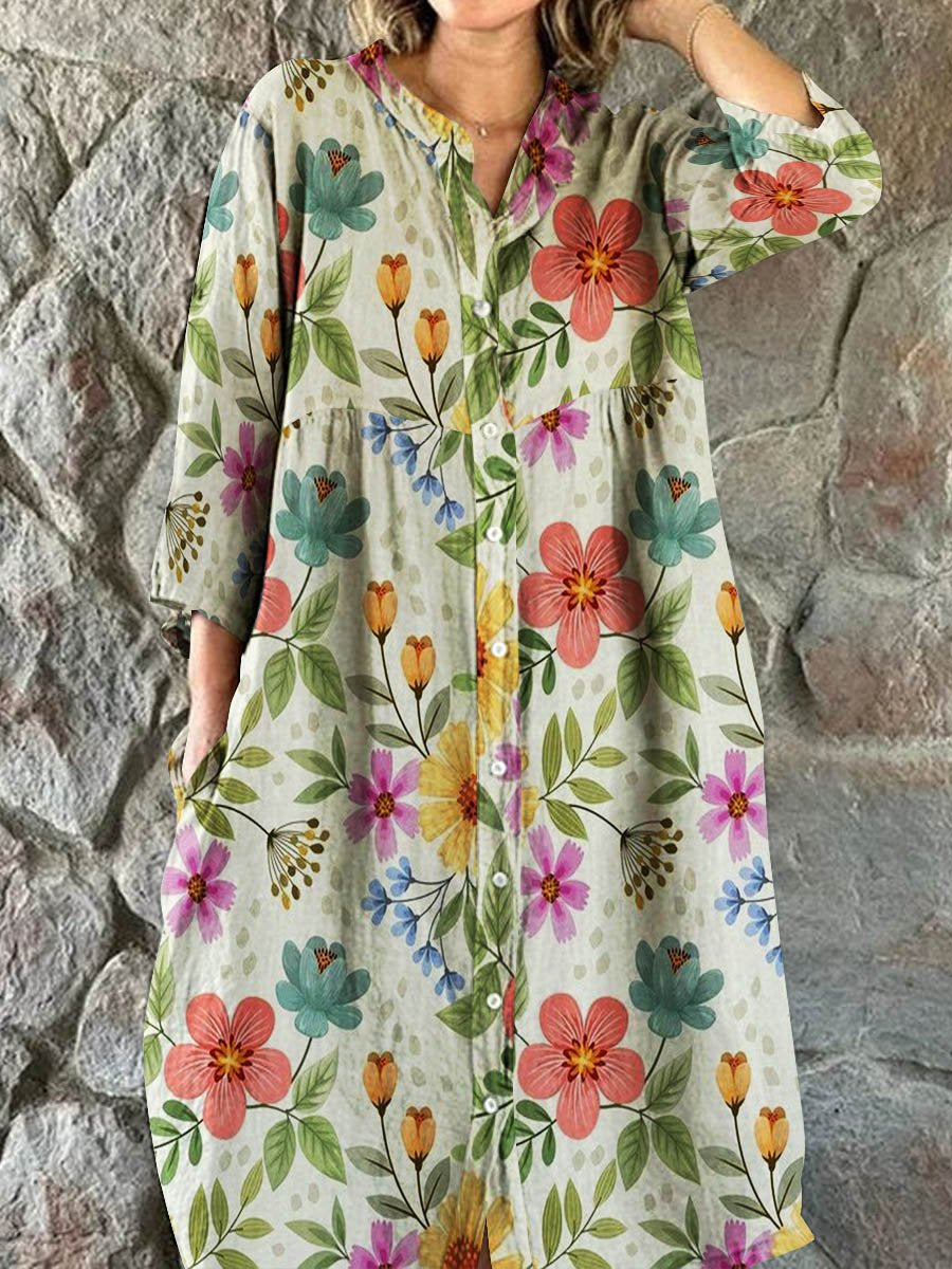 Women's Floral Art Print Cotton Linen Shirt Dress