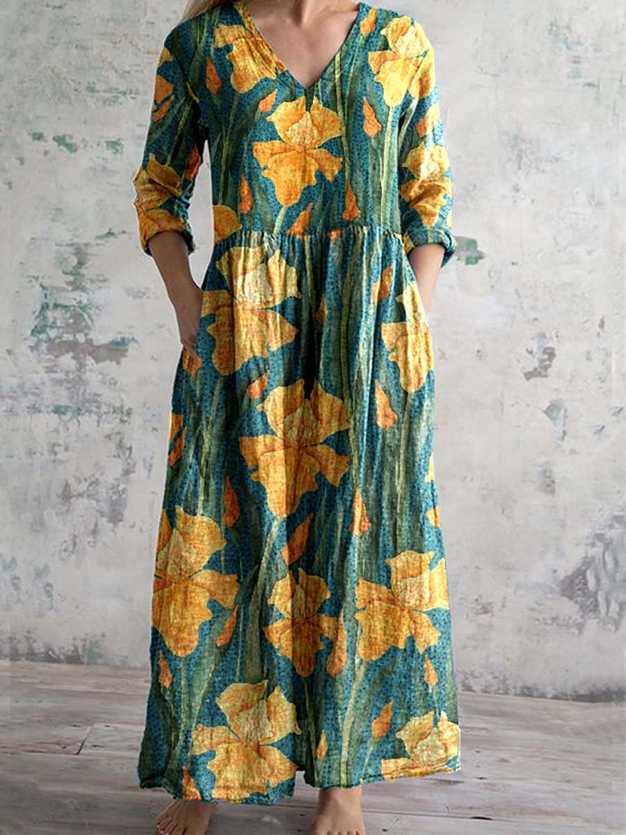 Women's V-neck Floral Print Cotton Dress