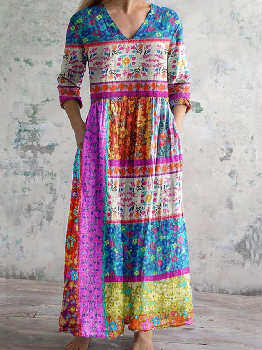 Women's Kantha Style Floral Pattern V Neck Cotton Fabric Dress with Pockets