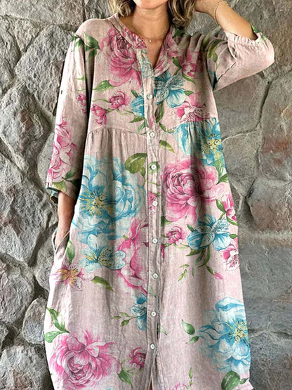 Women's Elegant Vintage Rose Floral Shirt Style Cotton and Linen Dress