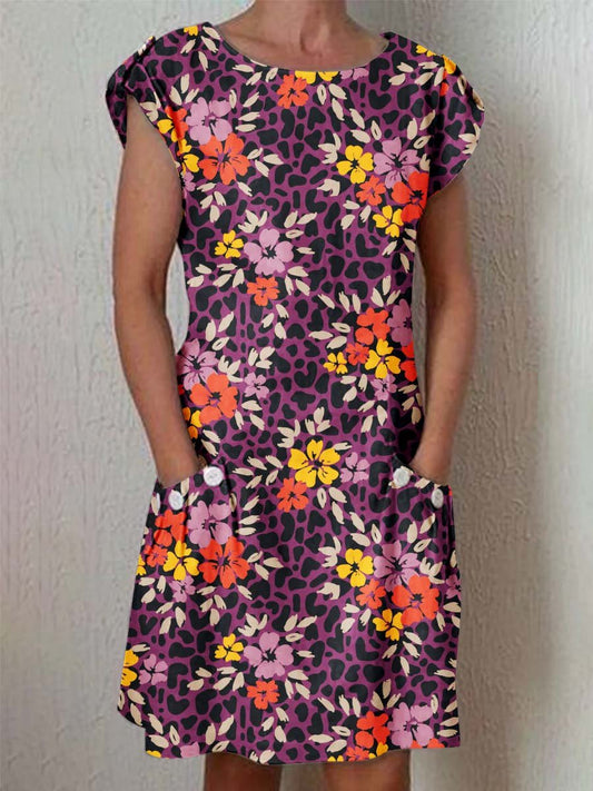 Women's Classic Art Floral Print Cotton and Linen  Dress