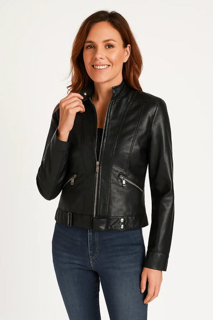 Elegant women's biker jacket with tailored cut