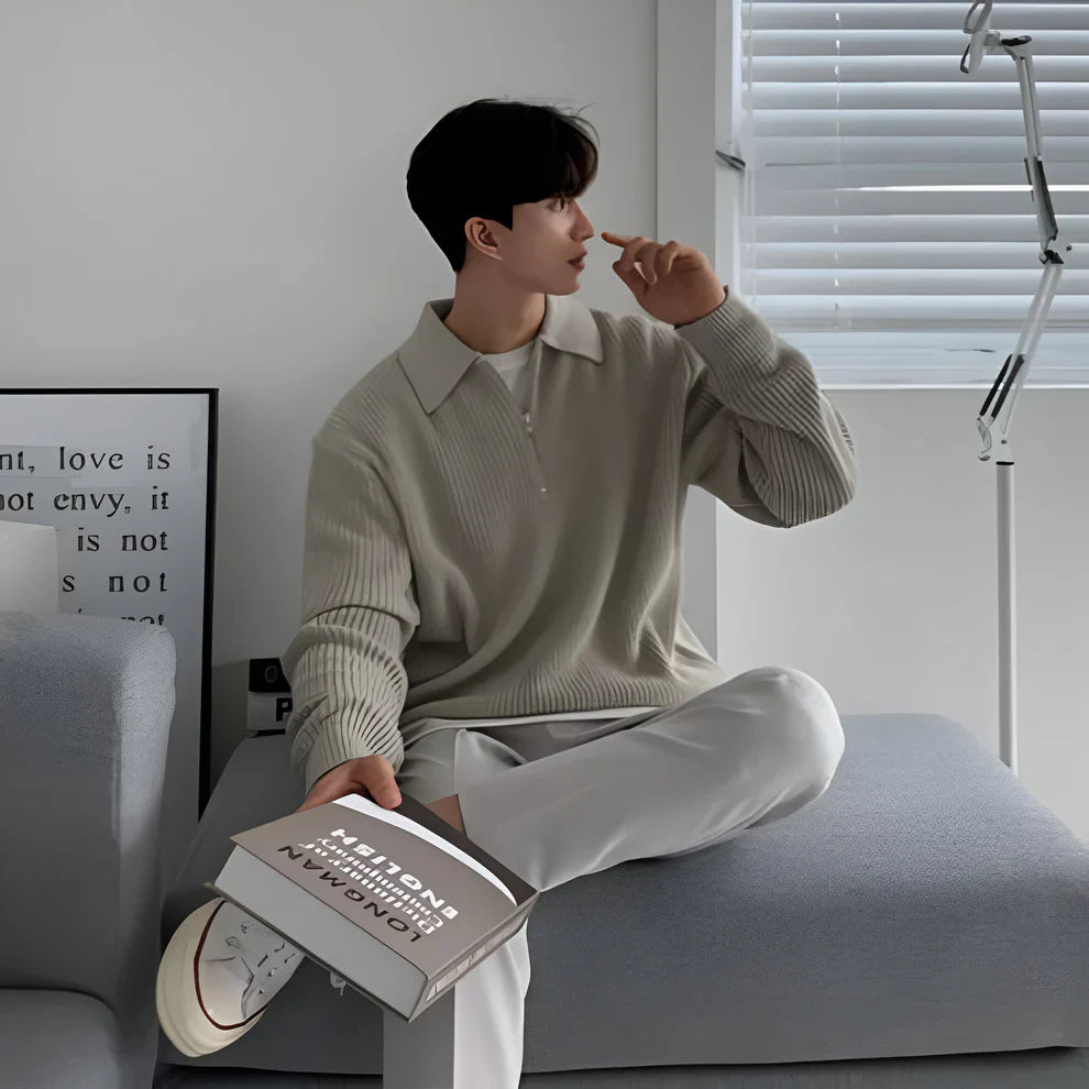Men's ribbed zip-up sweater with collar – men