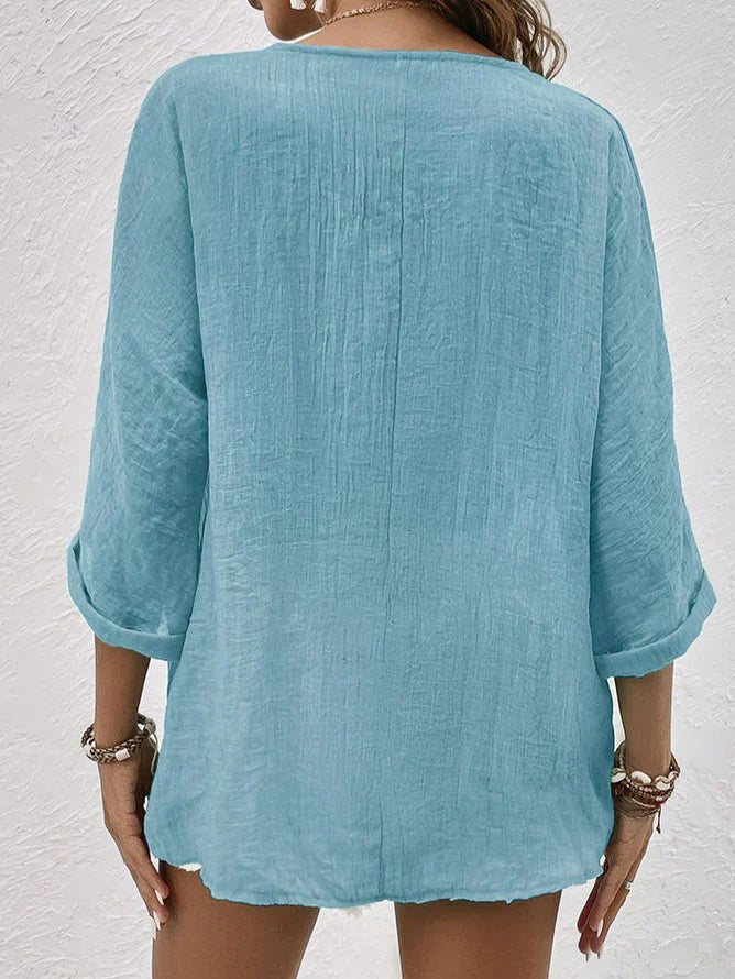 Clara – blue linen shirt with v-neck