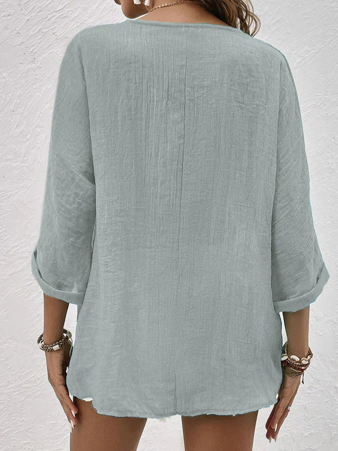 Clara - blue linen v-neck shirt