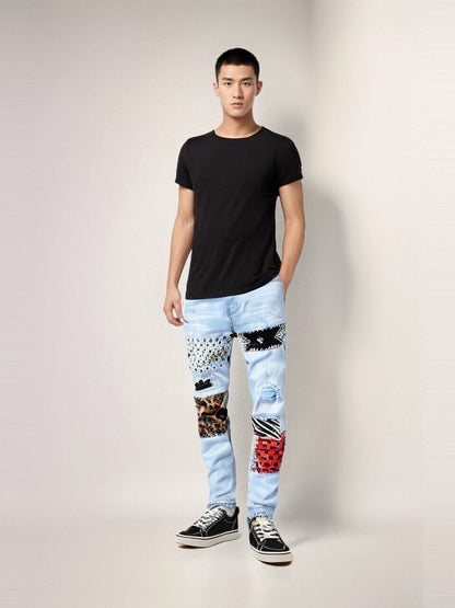 The Rebel Distressed Patchwork Jeans - Light Blue