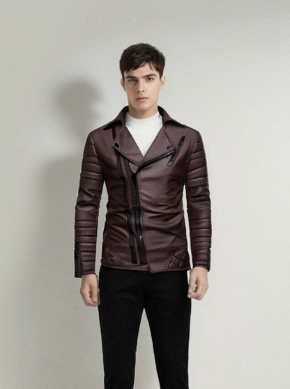 The Riccardo Faux Leather Striped Biker Jacket - Coffee