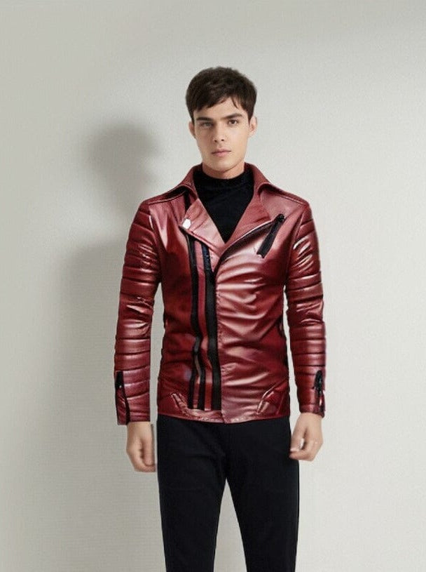 The Riccardo Faux Leather Striped Biker Jacket - Maroon