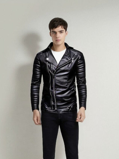 The Riccardo Faux Leather Striped Biker Jacket - Jet Black