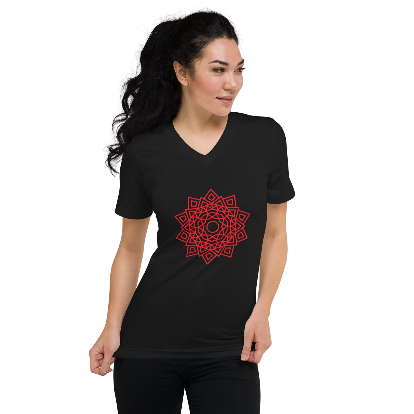 Short Sleeve V-Neck T-Shirt w Red Mandala