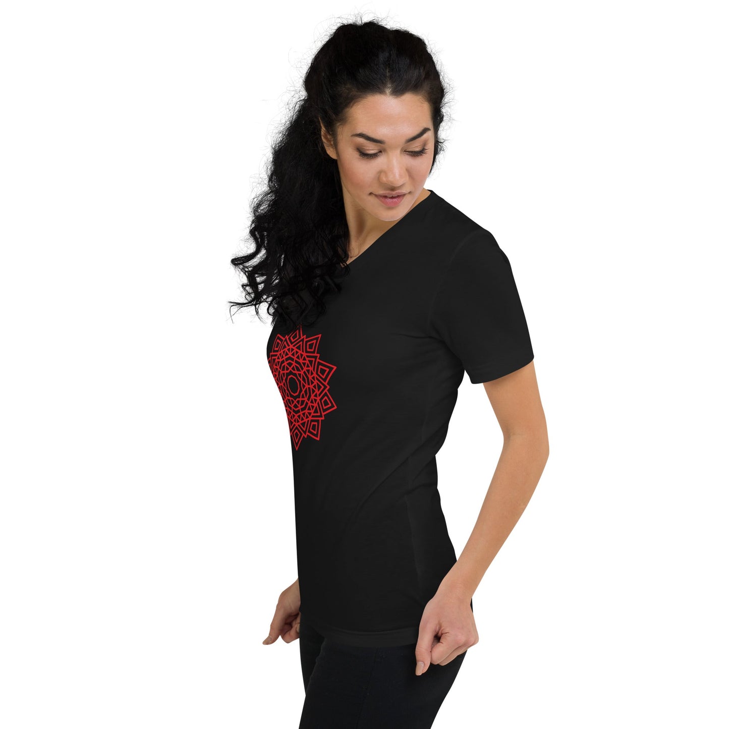 Short Sleeve V-Neck T-Shirt w Red Mandala