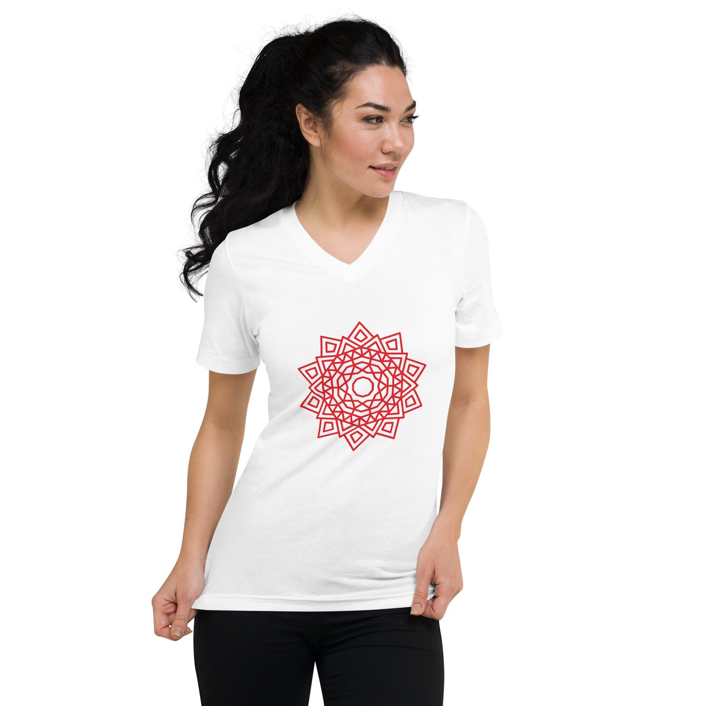 Short Sleeve V-Neck T-Shirt w Red Mandala