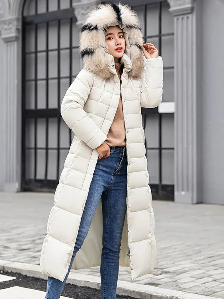 Women's winter down coat with hood – long, elegant cut