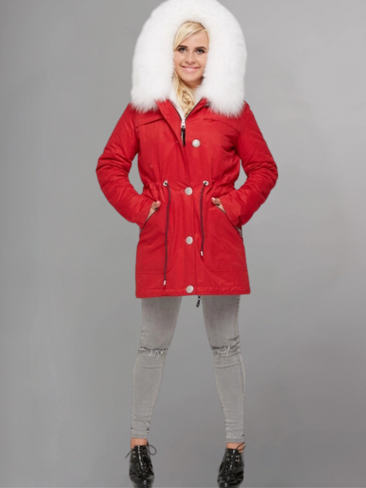 women's Red parka with white fur