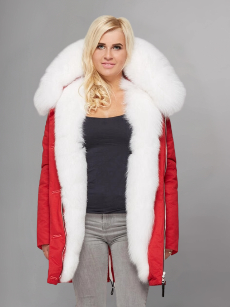 women's Red parka with white fur