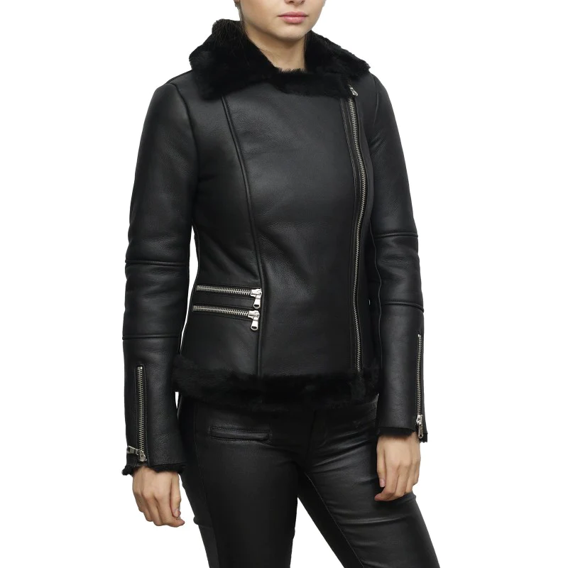 Women's Black Sheepskin Aviator Pilot Leather Jacket