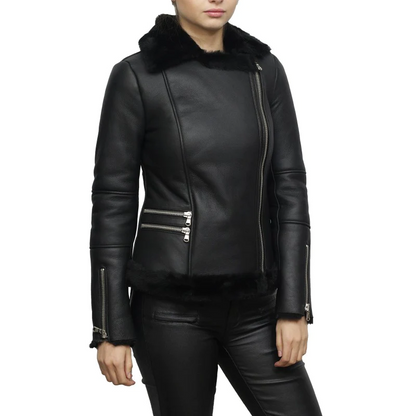 Women's Black Sheepskin Aviator Pilot Leather Jacket